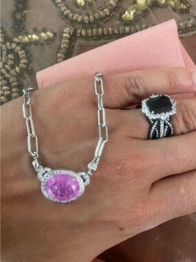 Silver pink Halo Pendant Necklace